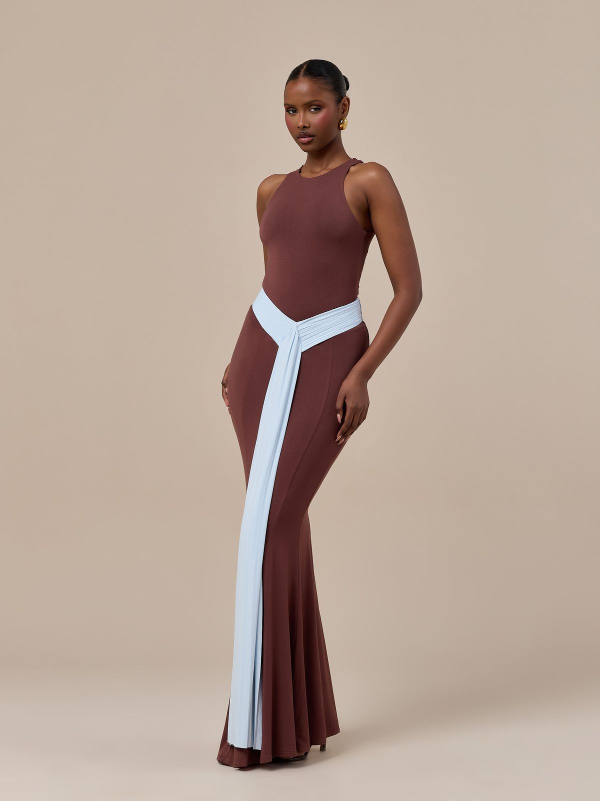 NORA TWO-TONE CONTRAST MAXI SKIRT | CHOCOLATE & BLUE