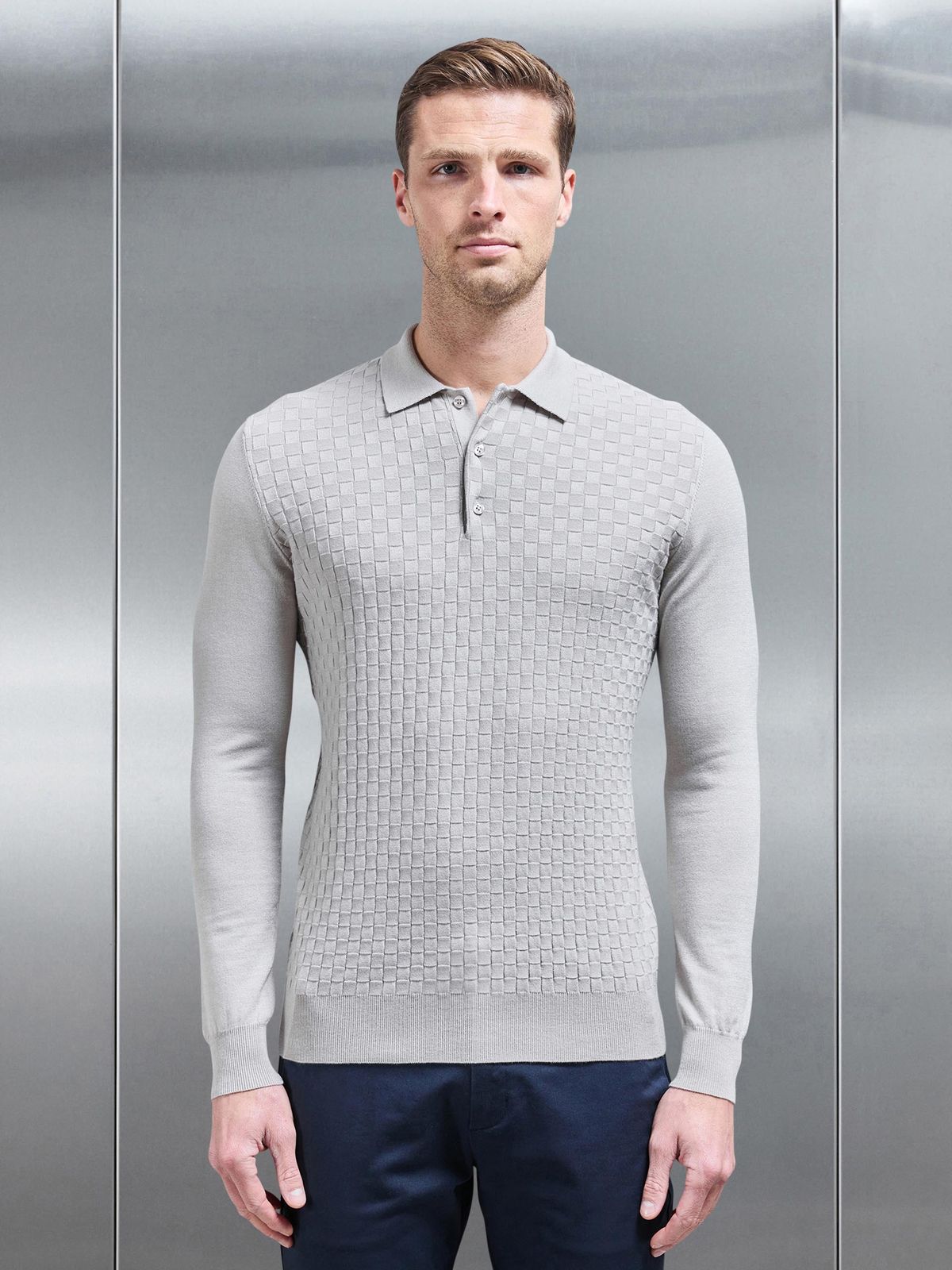 Square Textured Long Sleeve Button Polo Shirt in Stone