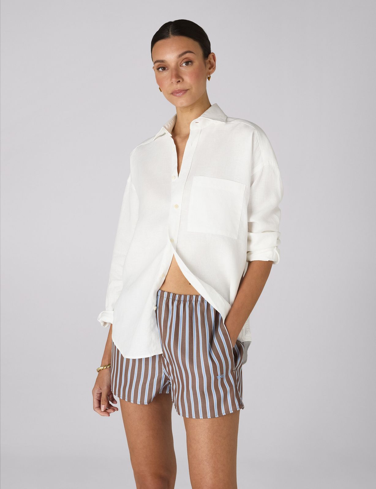 The Set: Hemp White Shirt & TENCEL™ Lyocell Mocha Multi Stripe Shorts