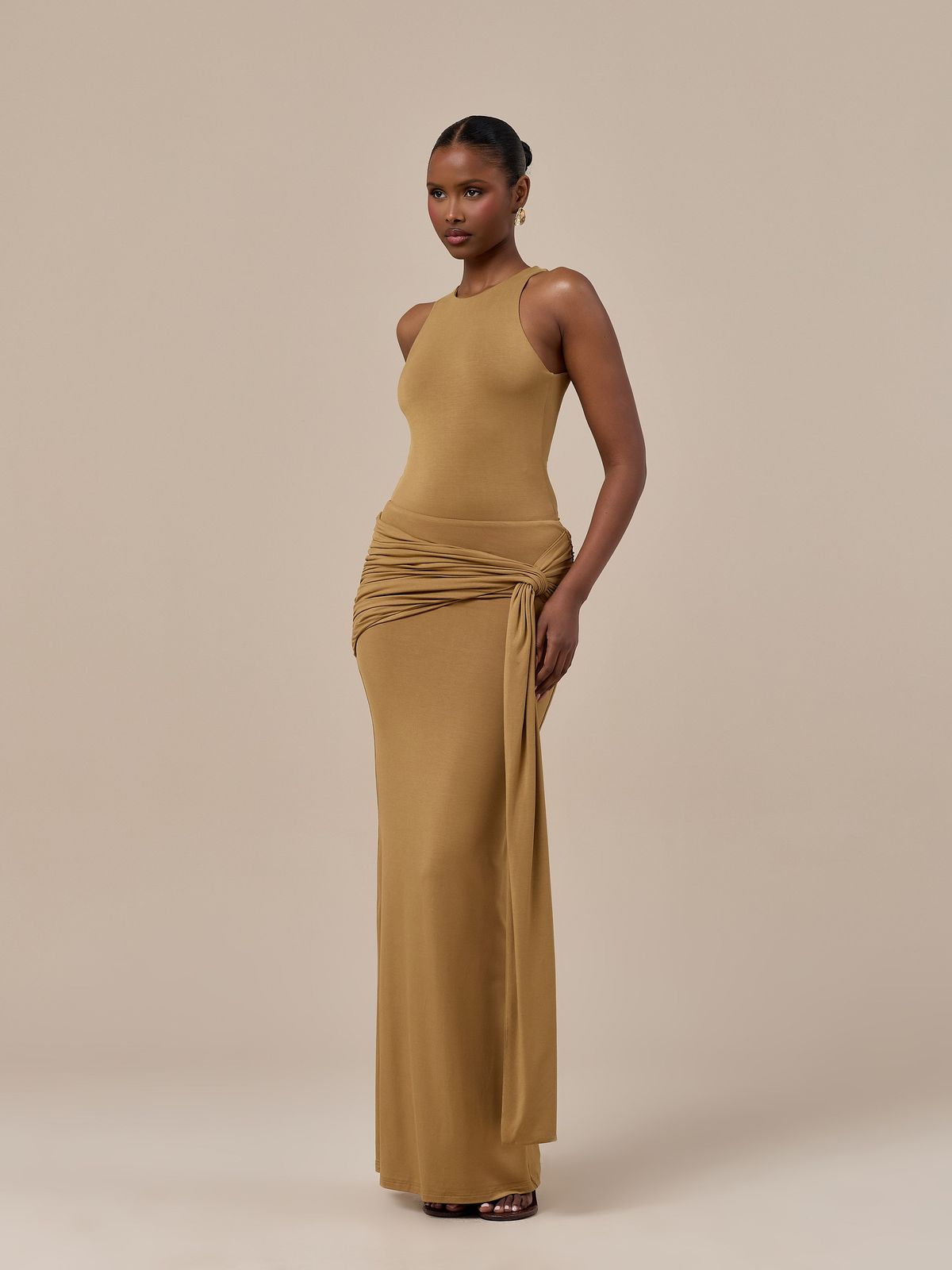 BELLA HIGH WAISTED MAXI SKIRT WITH WRAP SASH | GOLDEN BROWN