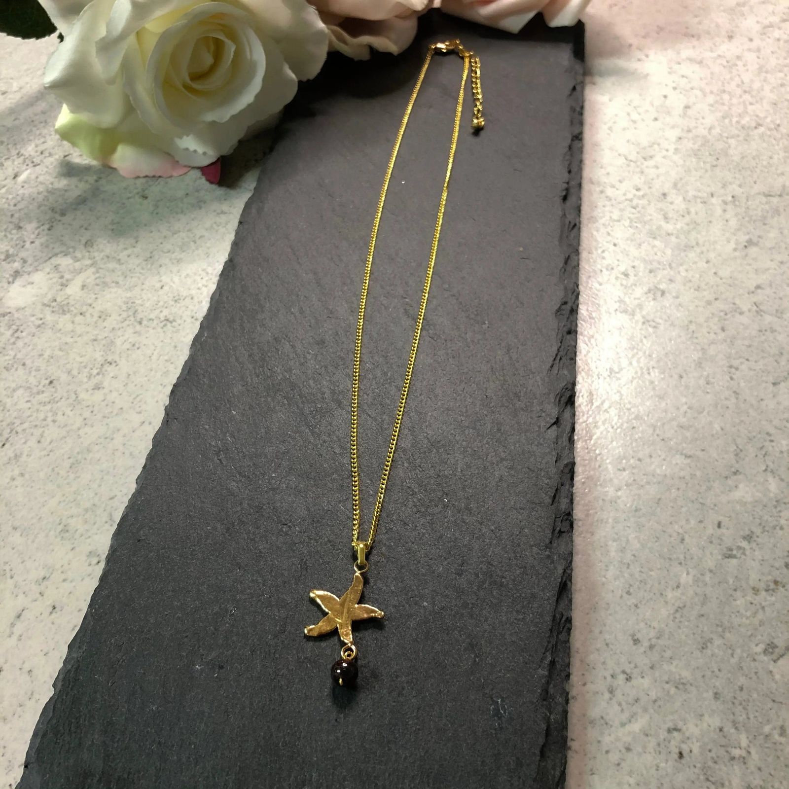 Miniature Starfish & Garnet Bead Gold Plated Natural Leaf Pendant