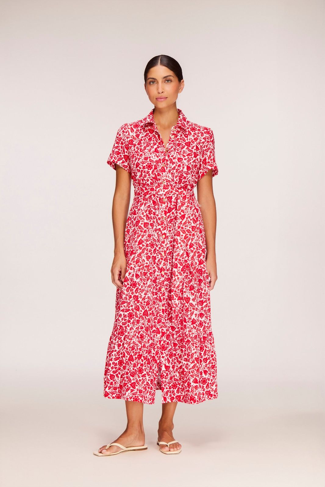 Red Floral Cheesecloth Shirt Dress