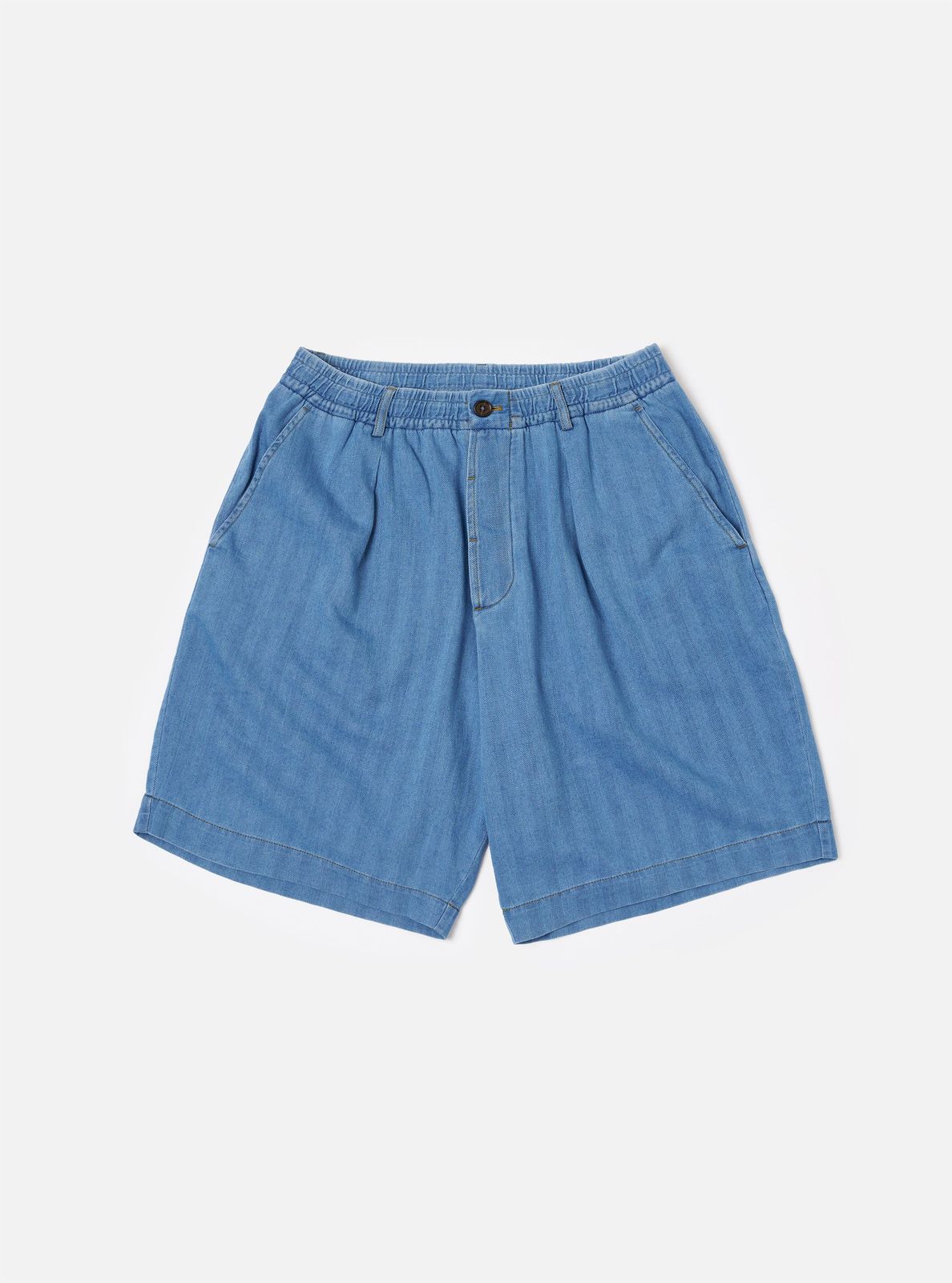 Washed Indigo Recycled Herringbone Pleated Track Short