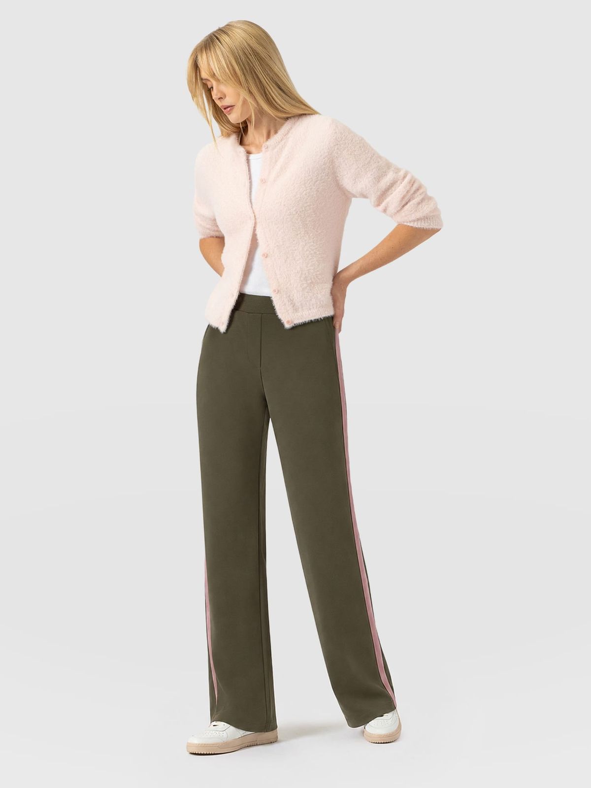 Hoxton Wide Leg Pant - Khaki - Pink Stripe