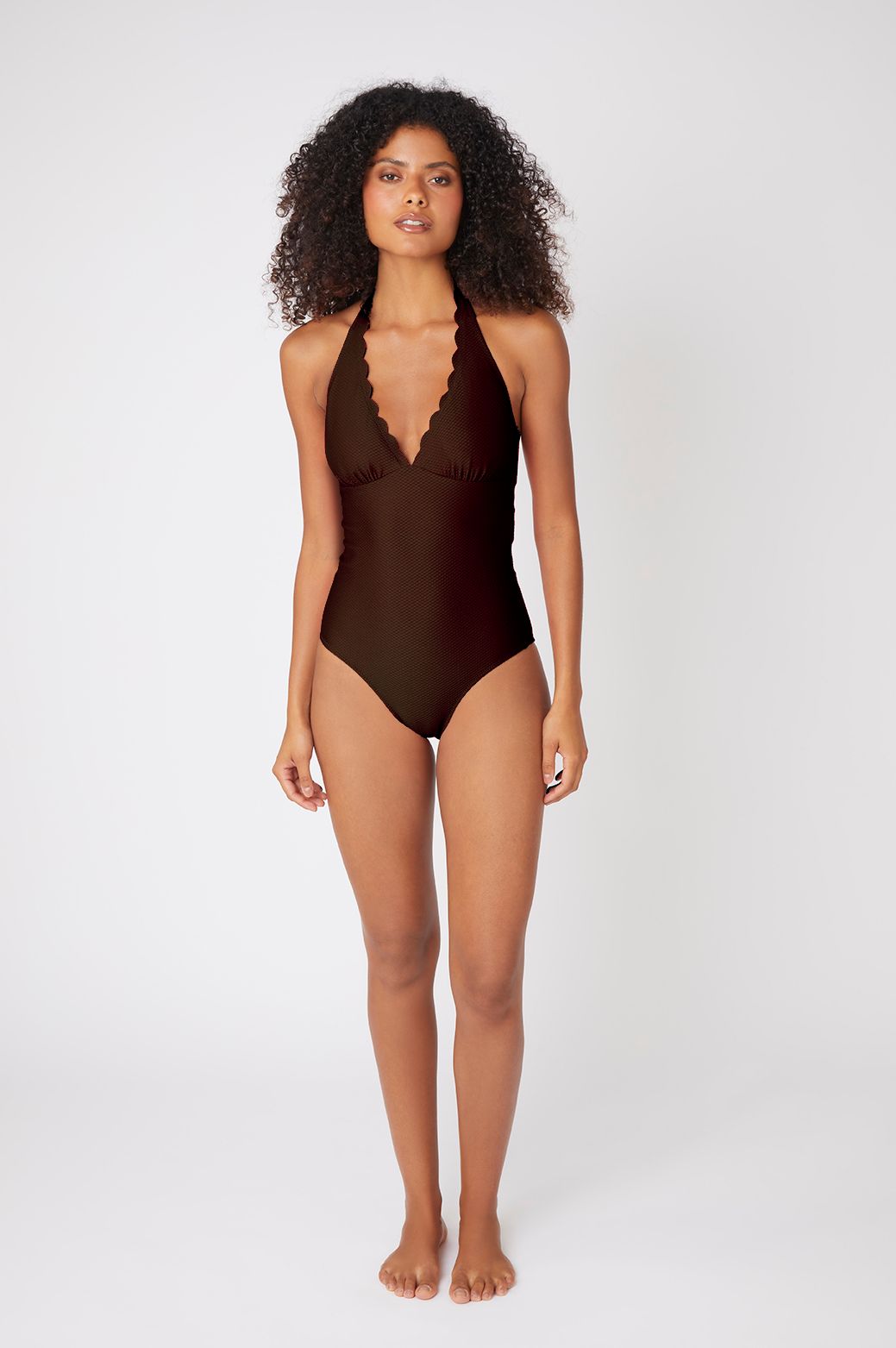 Brown Scallop Halterneck Swimsuit