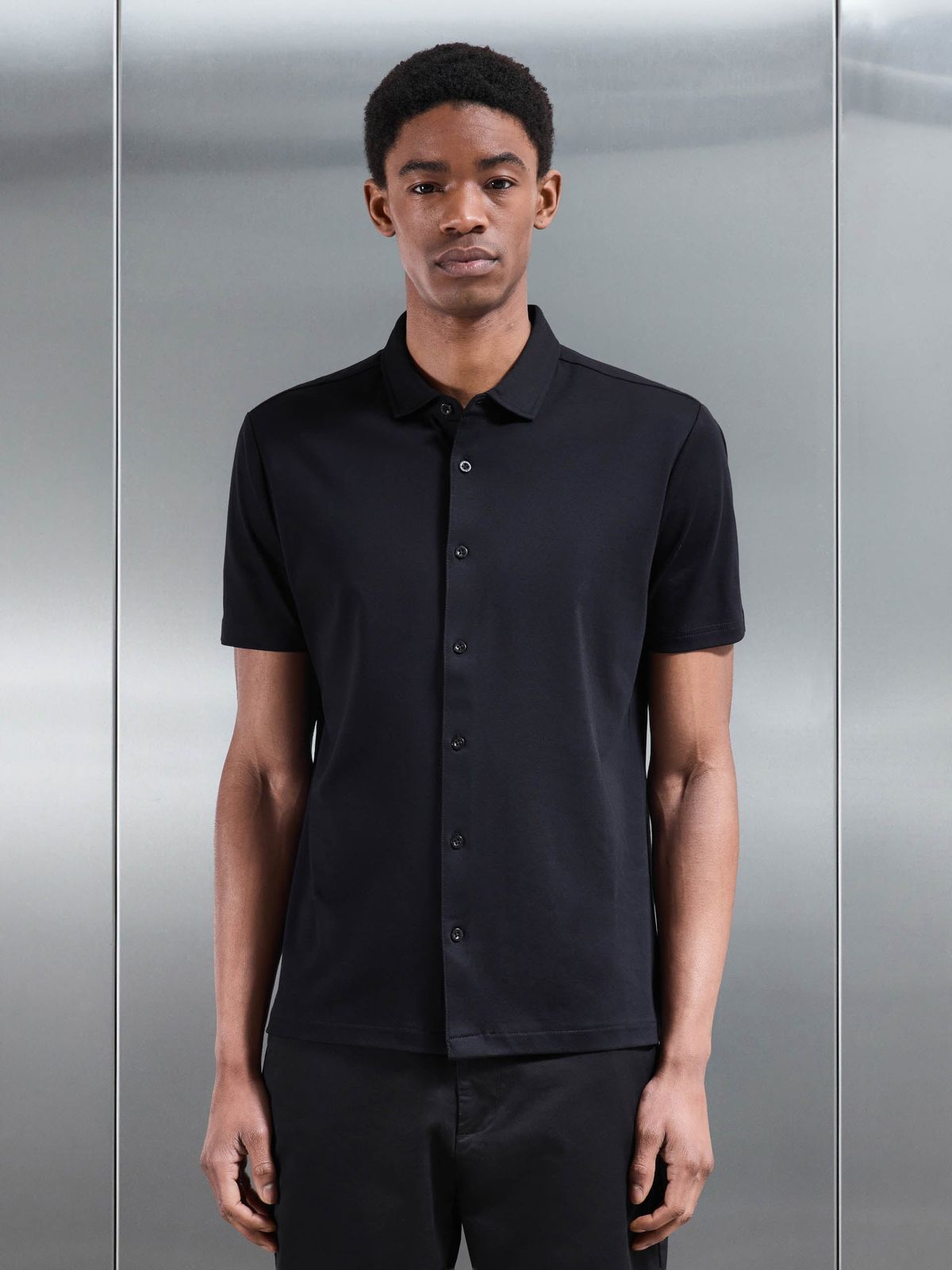 Mercerised Interlock Button Through Shirt in Black