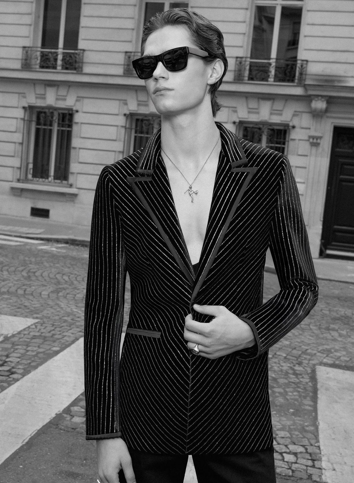 Black Velvet Silver Line Satin Lapel Trim Blazer