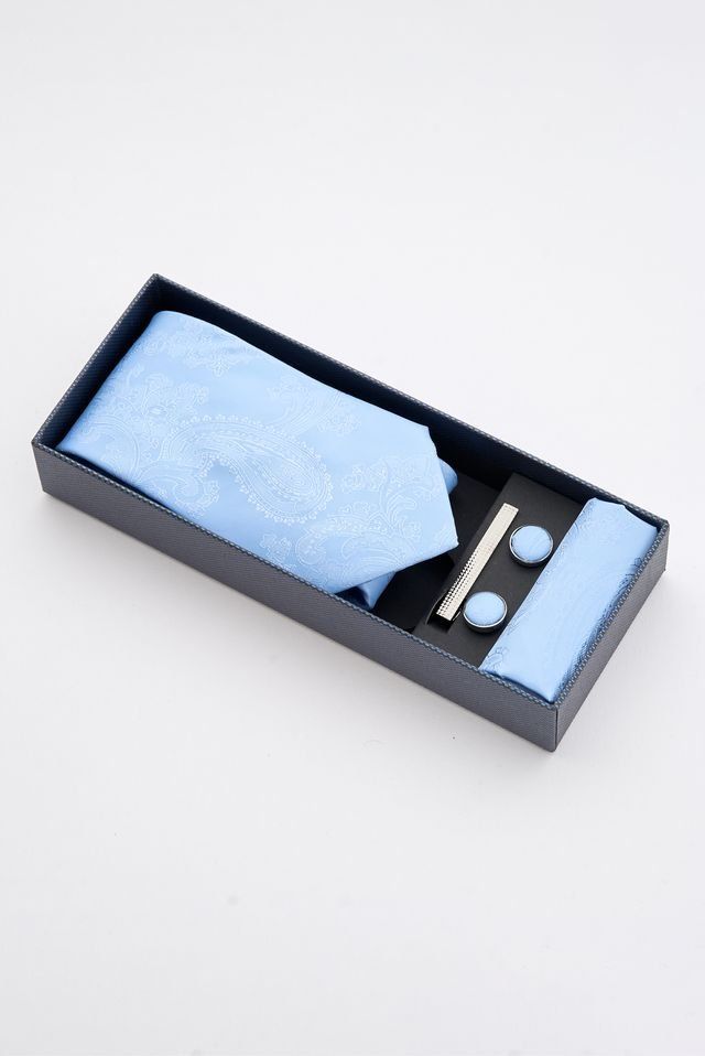 Sky Blue Paisley Tie Set with Tie Bar & Cufflinks