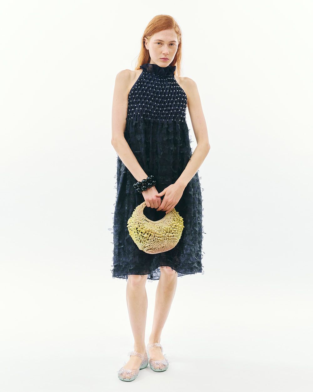 BUBBLE SMOCKED LASER-CUT FLOWER DRESS