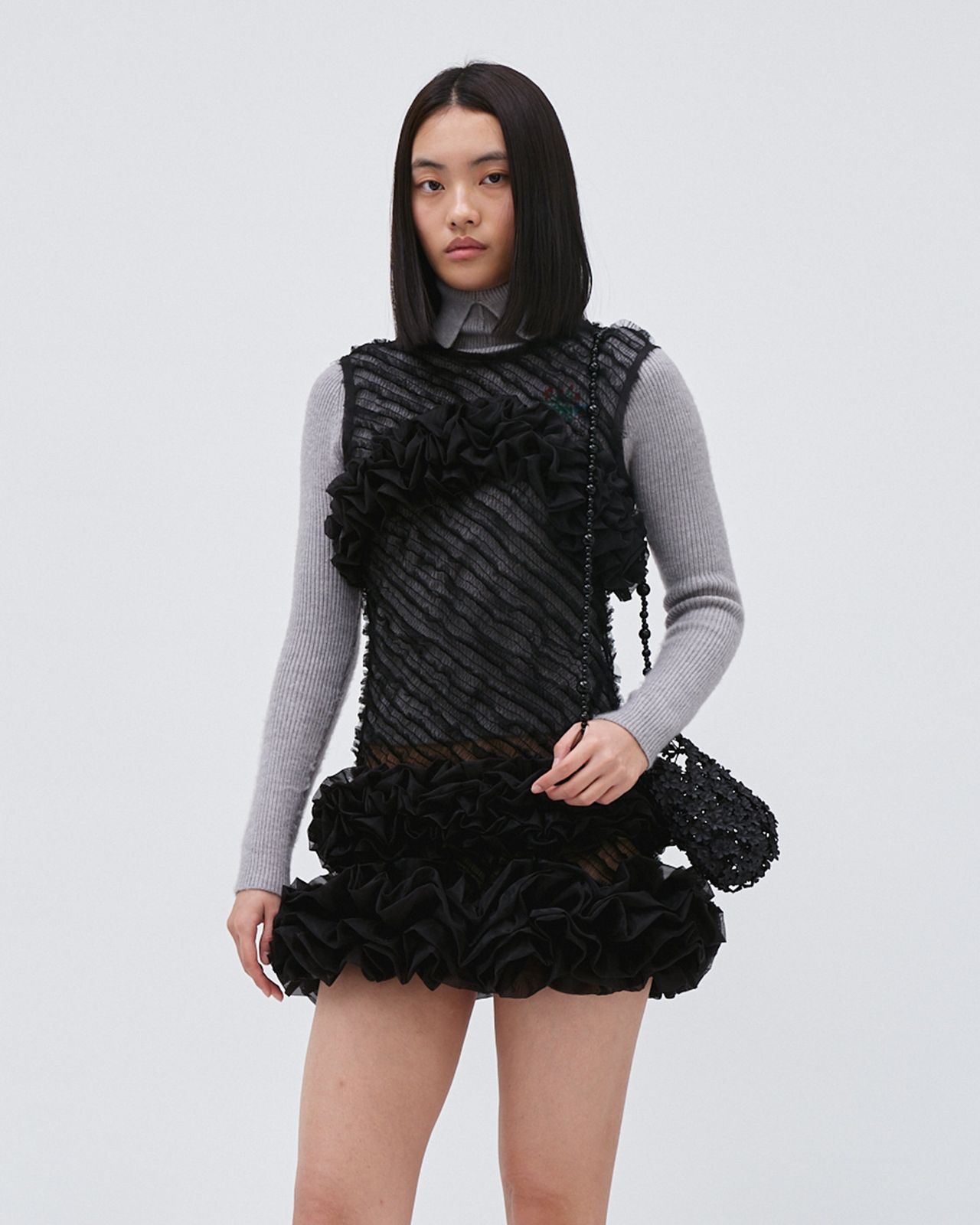 SMOCKED RUFFLE SHEER MINI DRESS