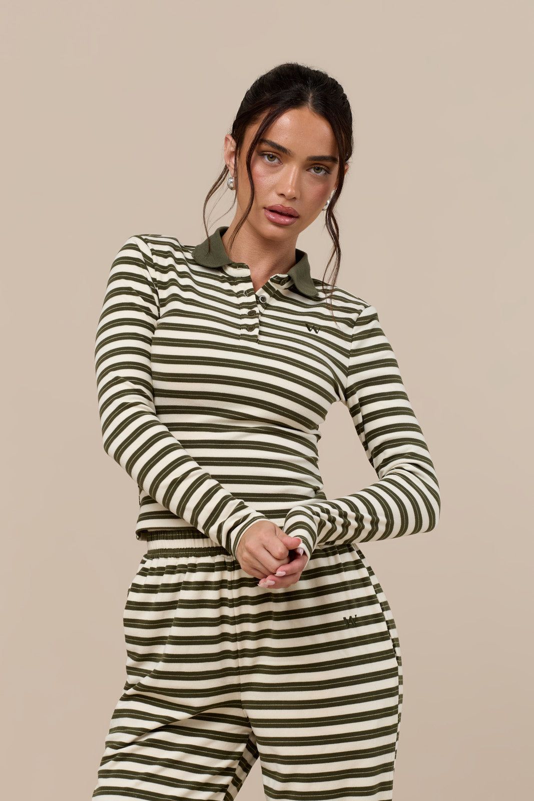 FRANKIE LONG SLEEVE POLO TOP | CREAM & KHAKI STRIPE