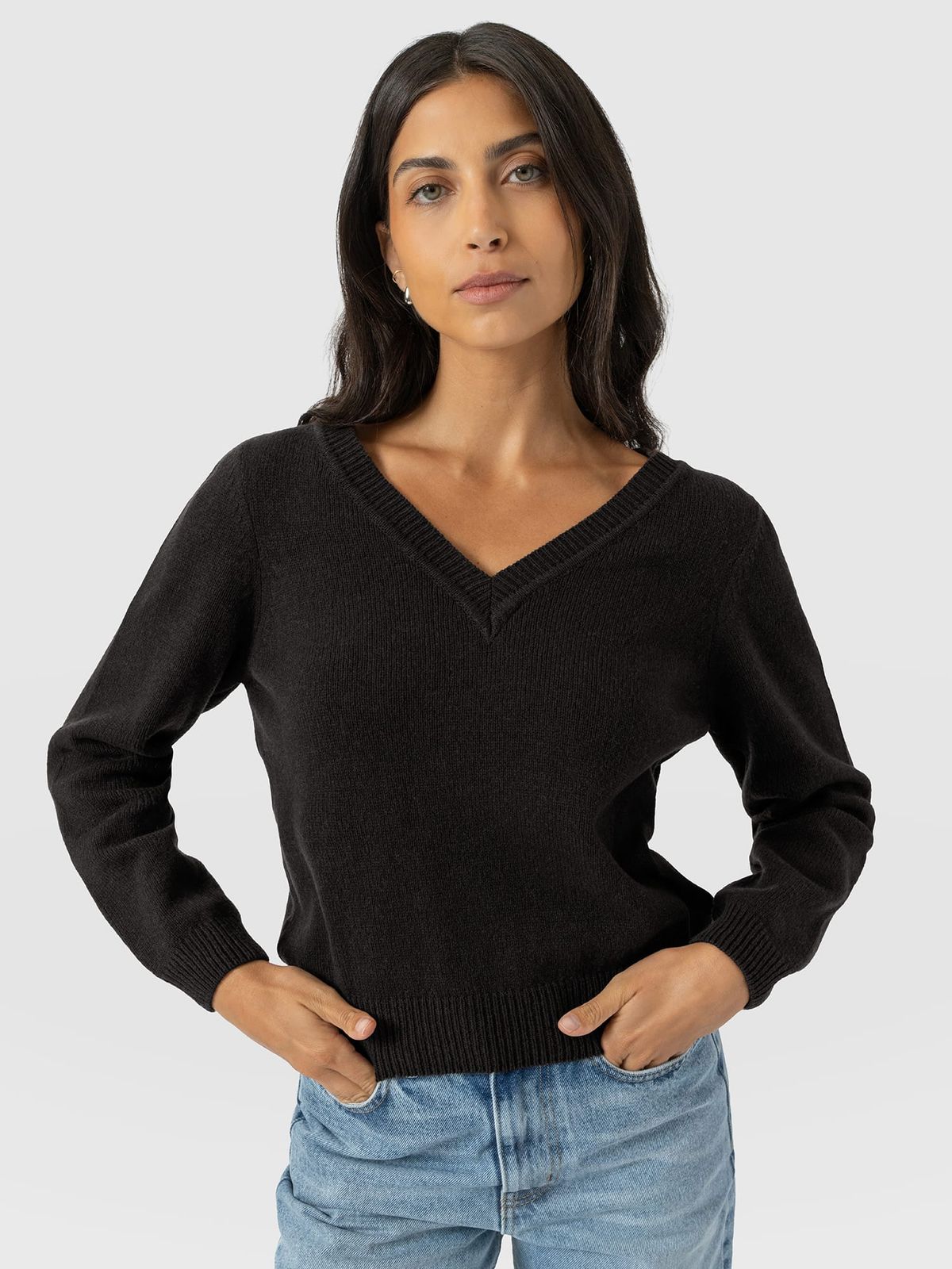 Oxford Cashmere V Neck Jumper - Black