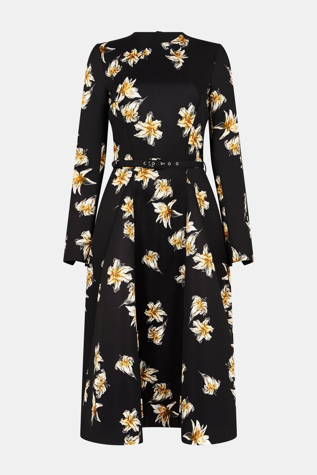 Uccelina Dress In Black & Yellow Festive Lillies Taffeta Faille