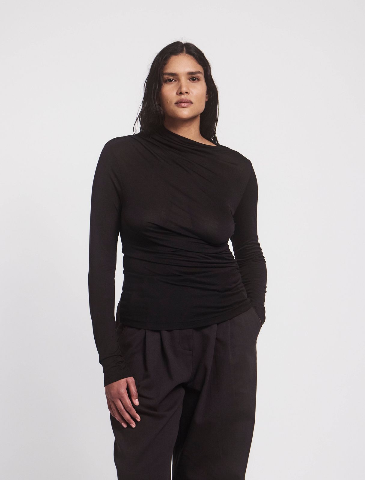 Iphis Draped Long Sleeve Top in Black