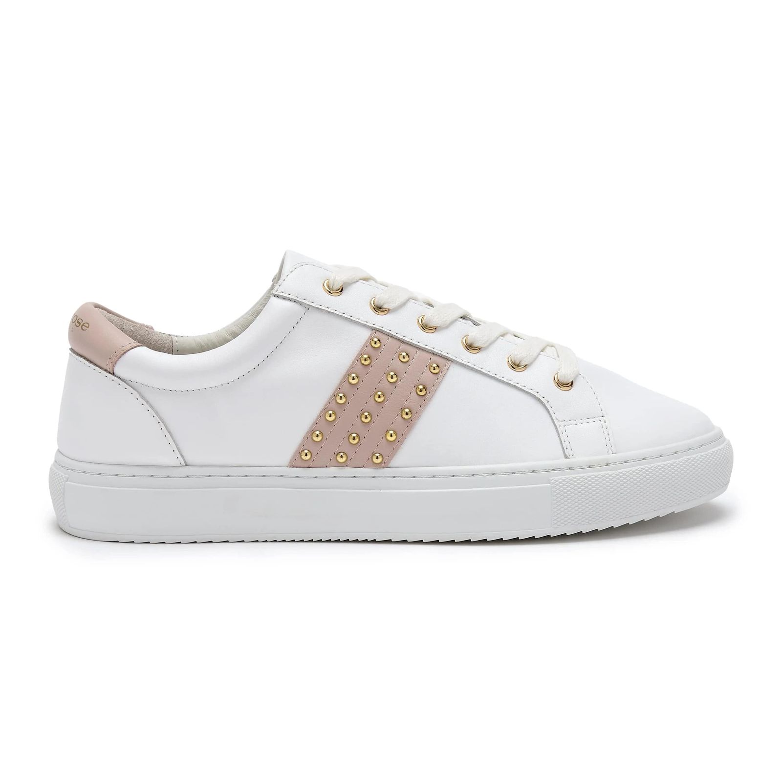 Hoxton - White Leather Trainer with Pastel Pink Studded Stripe
