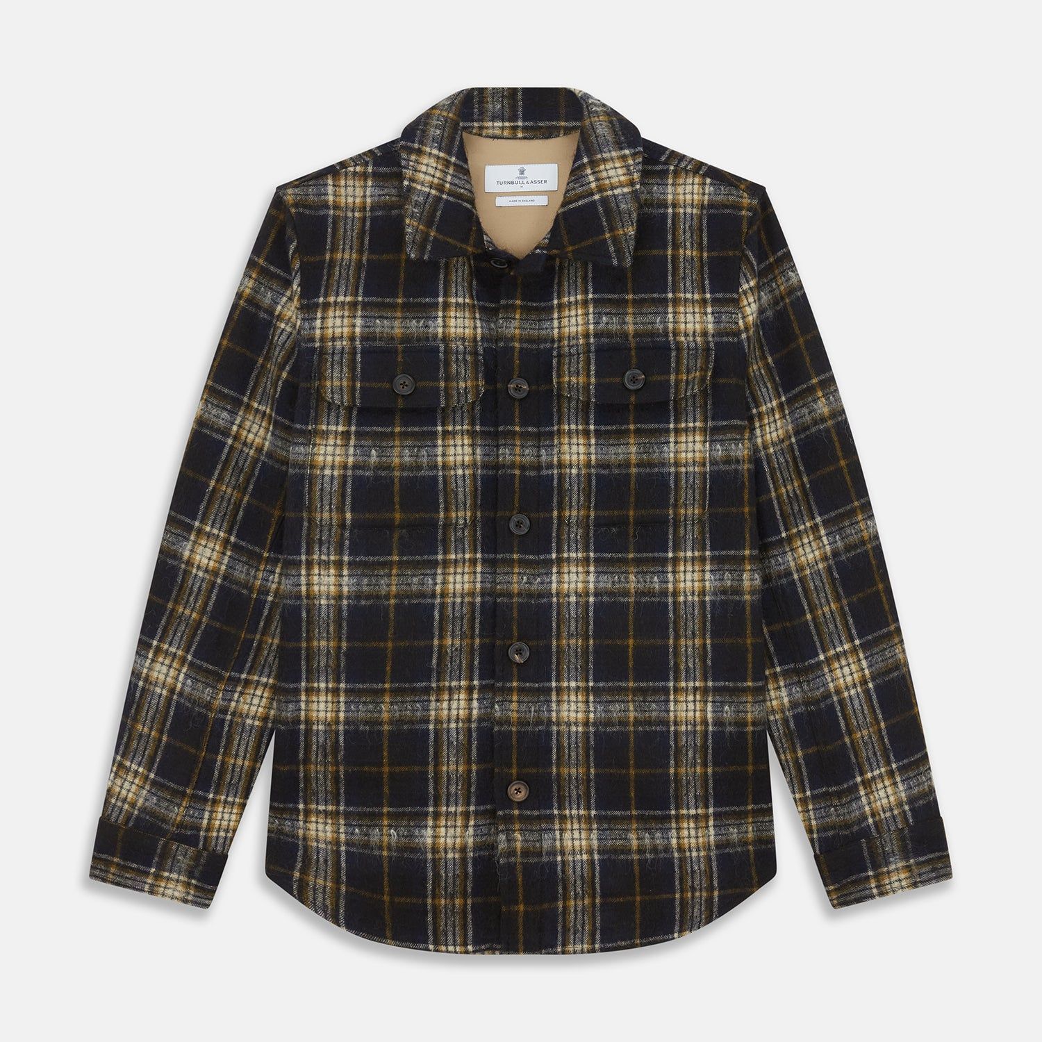 Navy and Beige Check Wool and Mohair Blend Somerset Overshirt