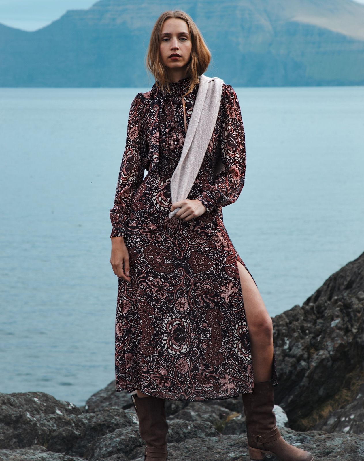 Silk Batik Print Tie Neck Dress