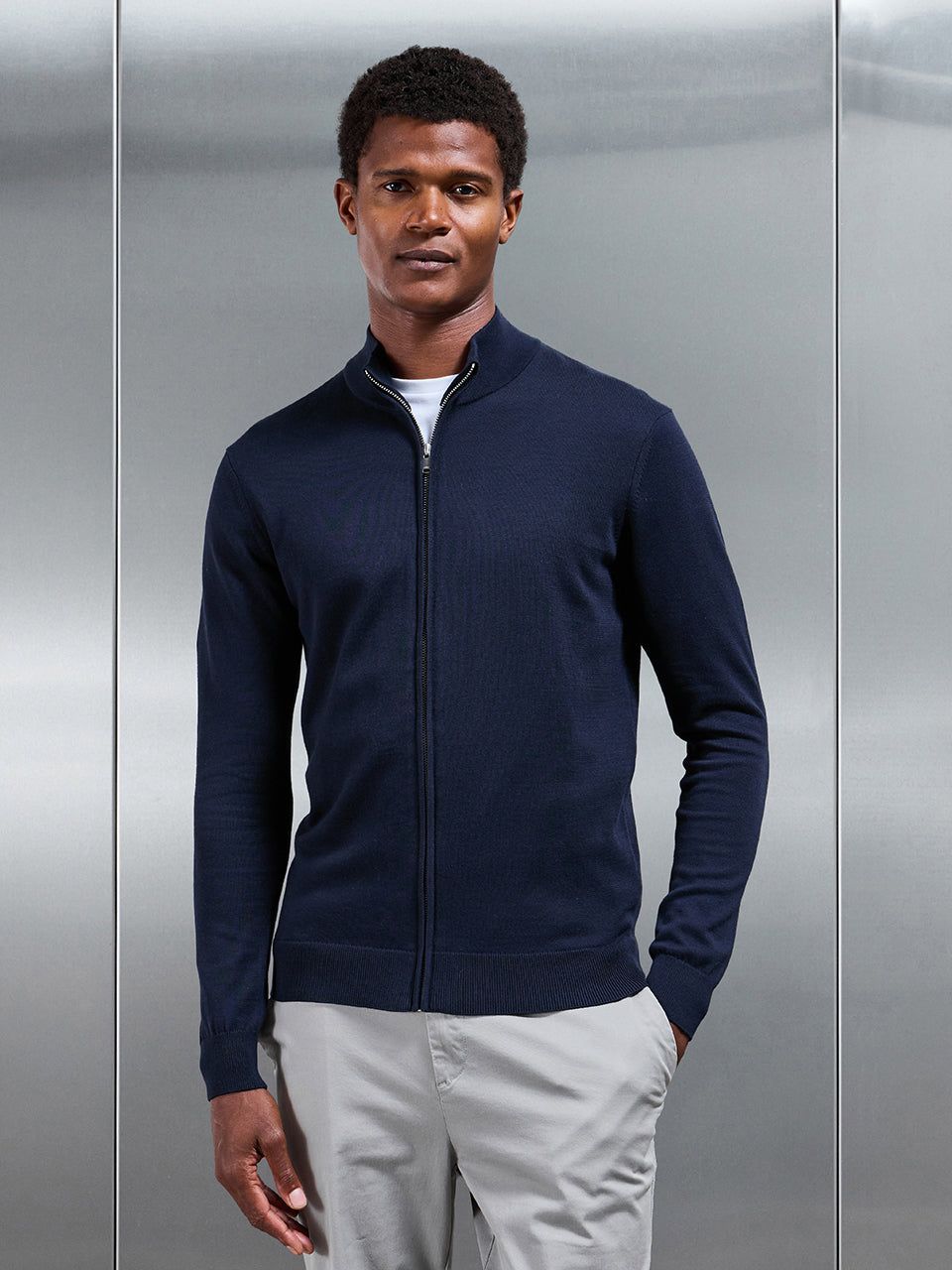Cotton Knitted Zip Through Jacket in Navy