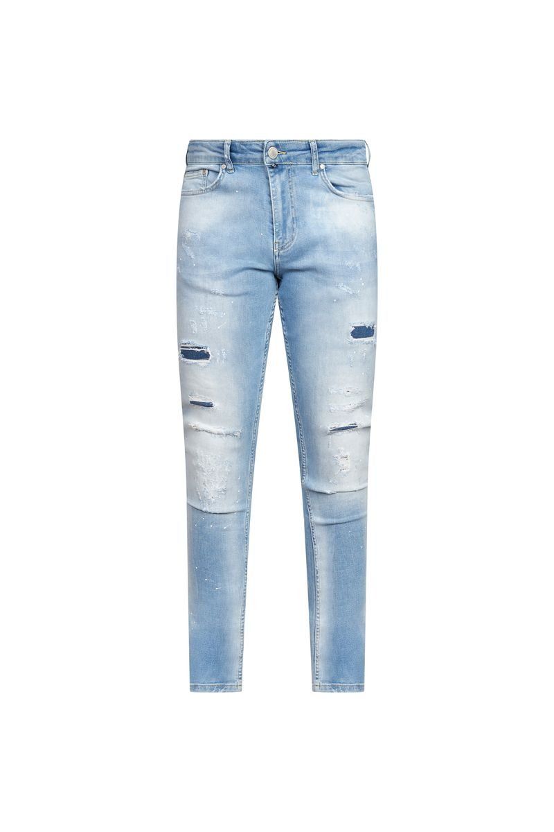 Light Blue Paint-Splatter Distressed Slim Jean
