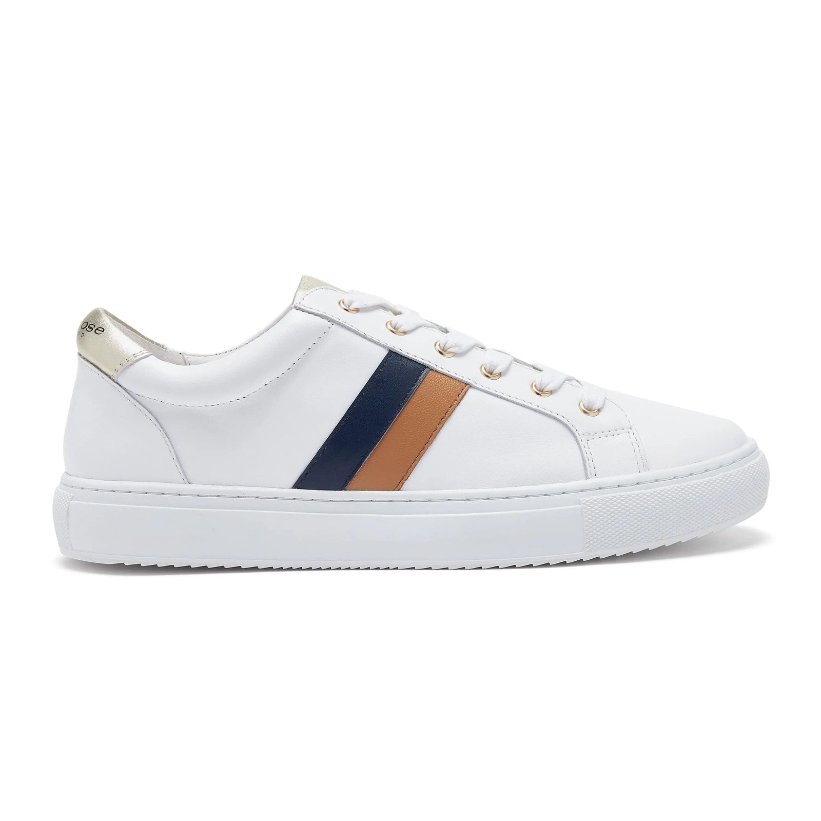 Hoxton - White Trainers with Navy and Tan Stripes