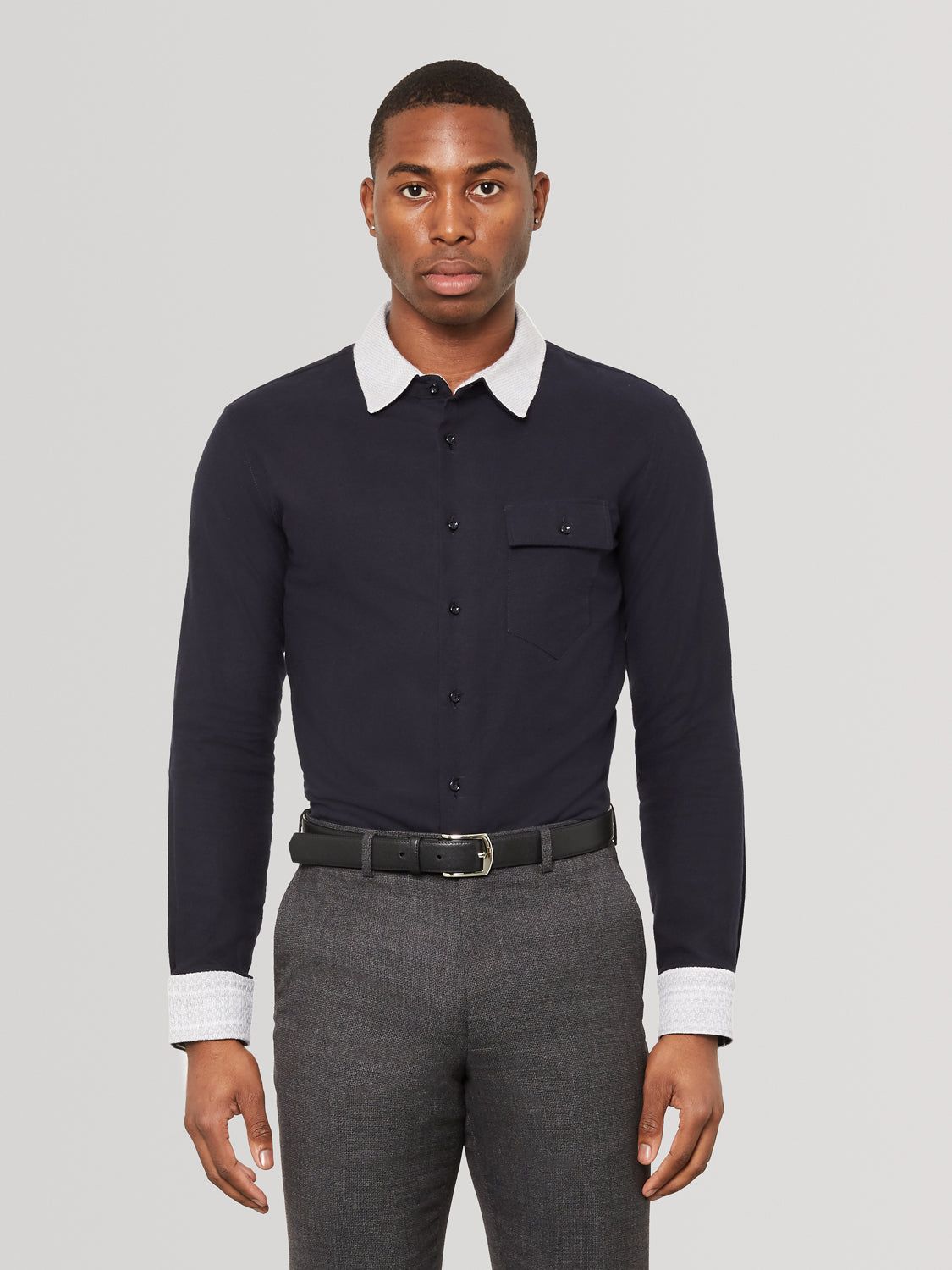 Oyster White Knit Collar Navy Slim Fit Shirt