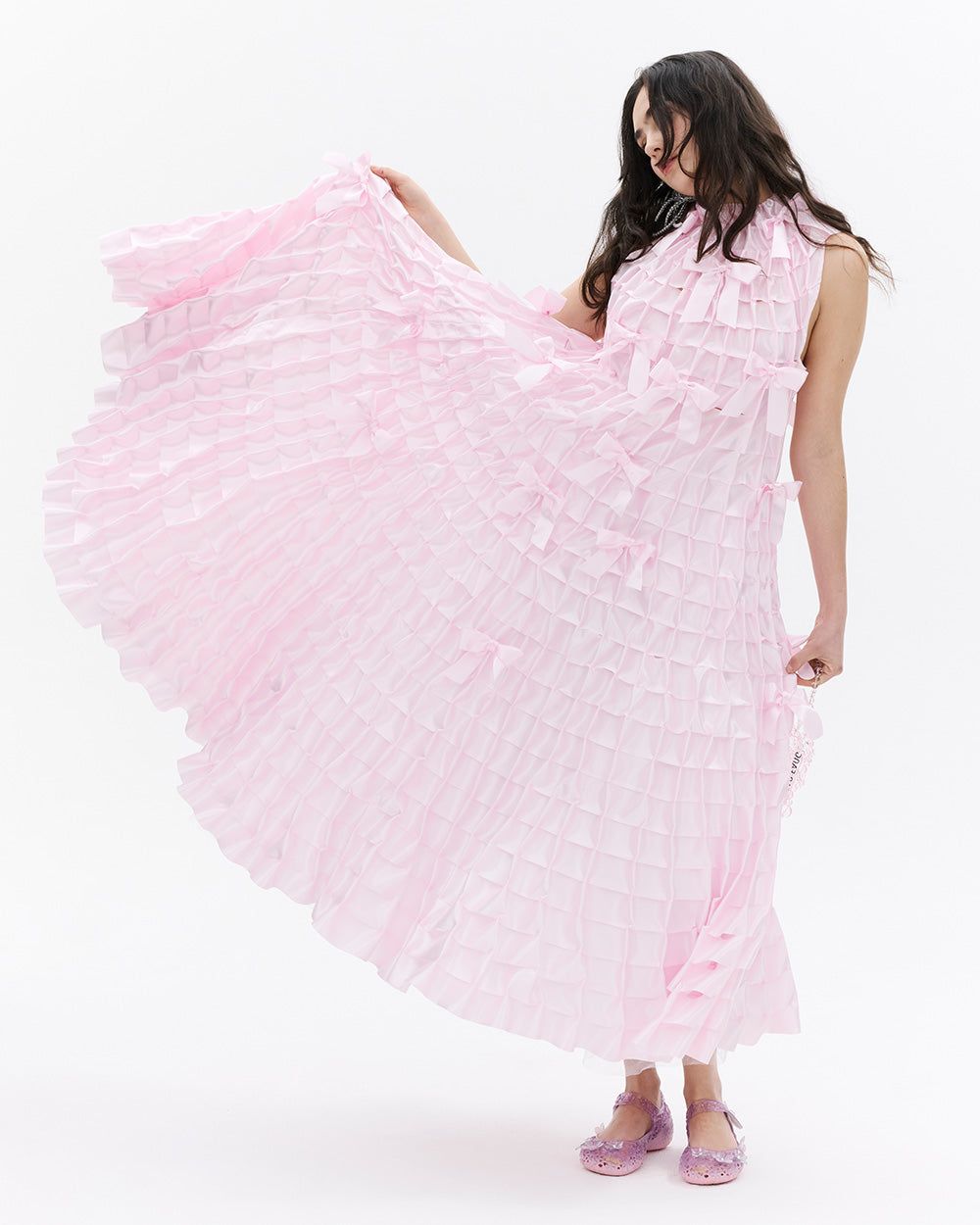 GATHERED RIBBON BOW DRESS