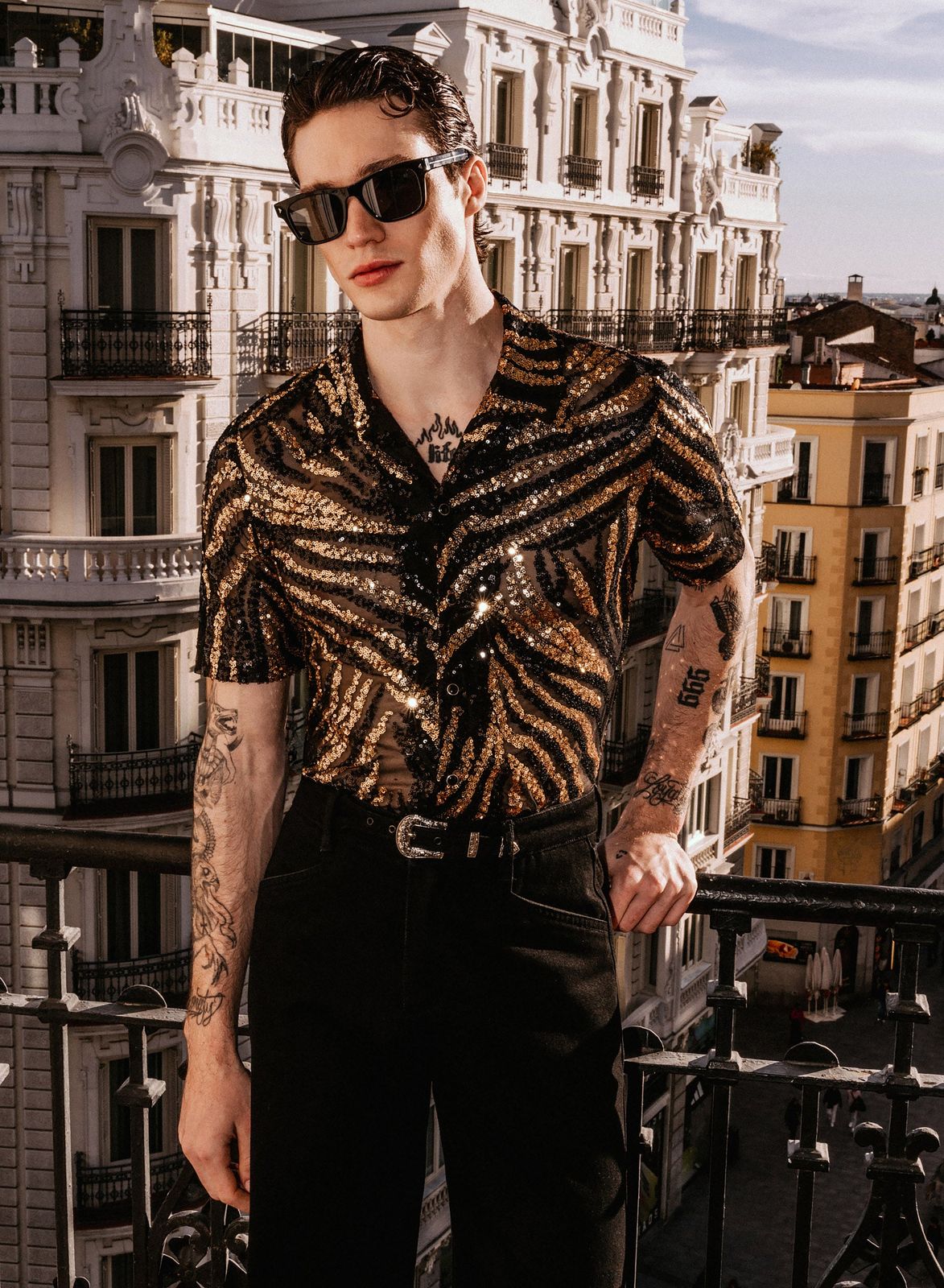 Black and Gold Zebra Sequin Embellished Cuban Shirt