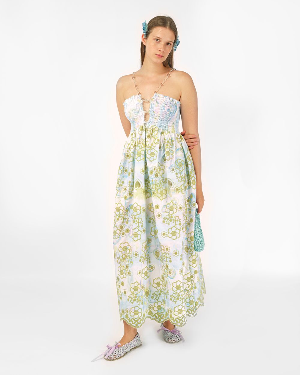 BEADED SMOCKED EMBROIDERED MIDI DRESS