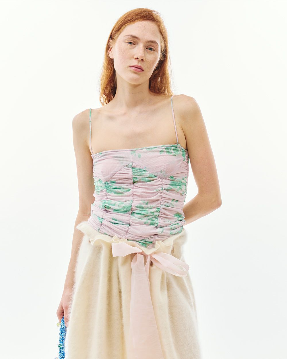PRINTED FLOWER GATHERED STRAP TOP