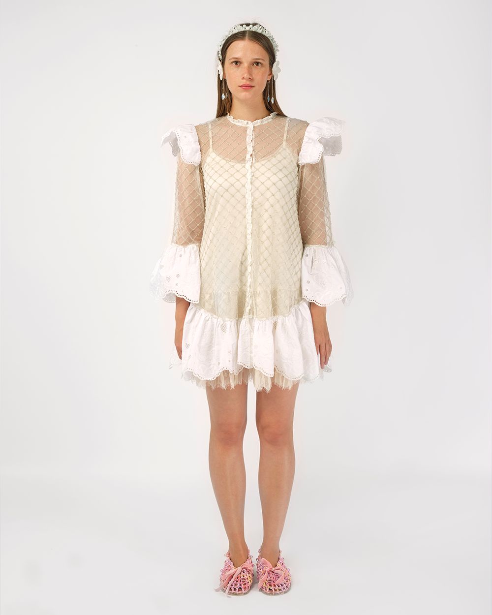 BEADED NET RUFFLED MINI DRESS
