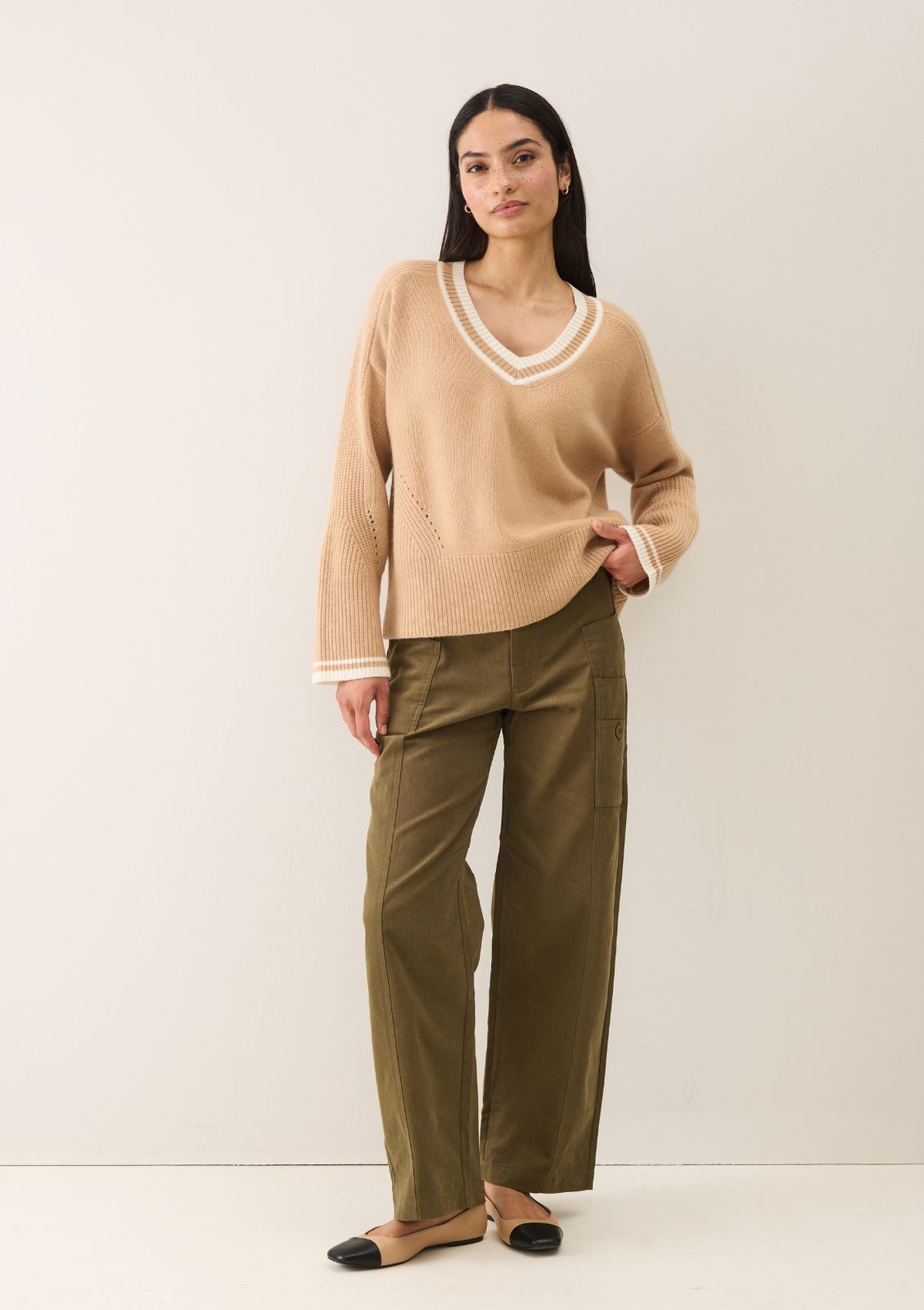Striped Tipped V Neck Lofty Sweater in Honey