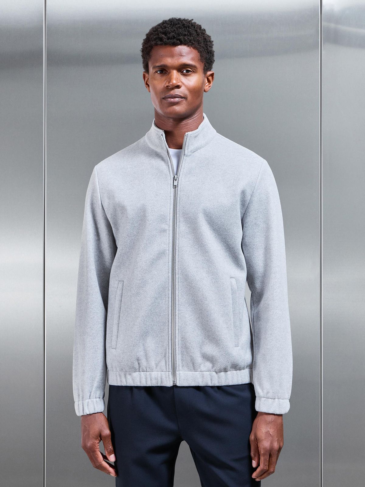 Soft Touch Knitted Funnel Neck Jacket in Marl Grey