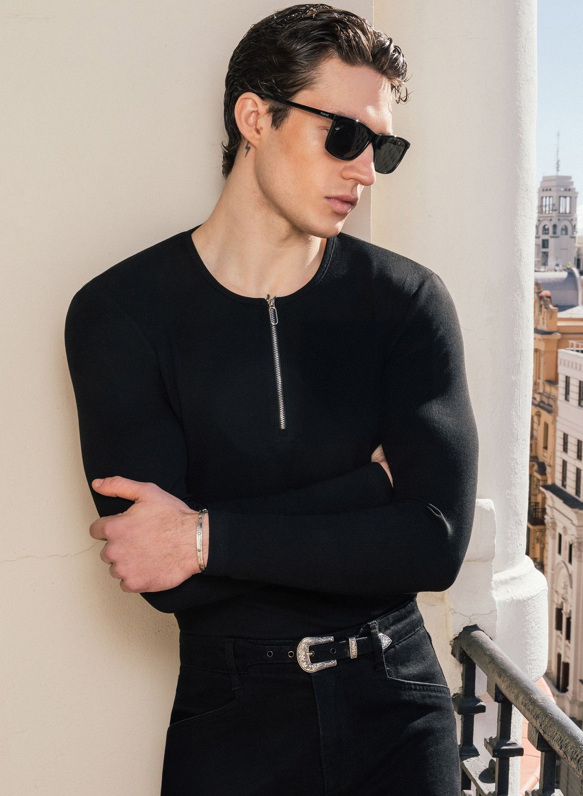 Black Long Sleeve Ribbed Zip Henley Shirt