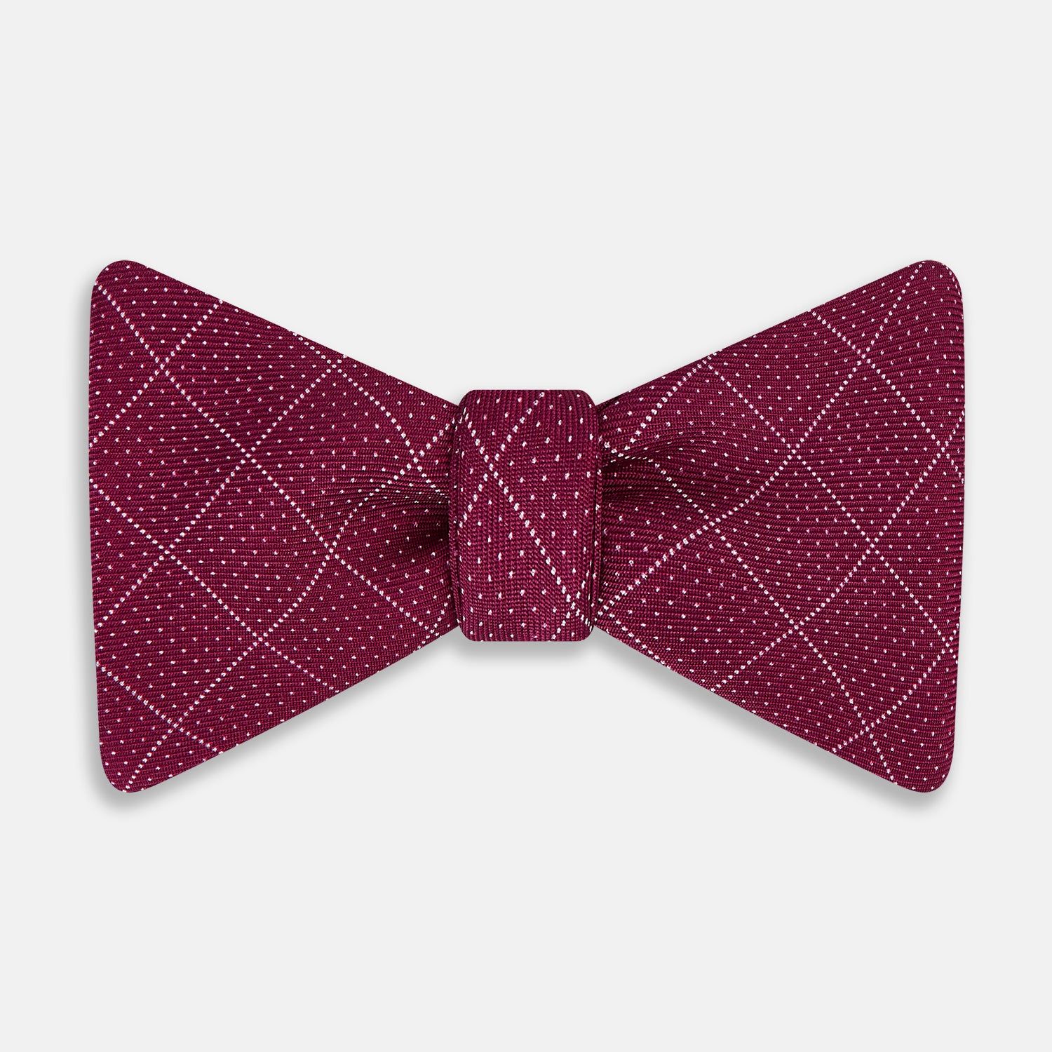 Burgundy Dotted Check Pattern Printed Silk Bow Tie