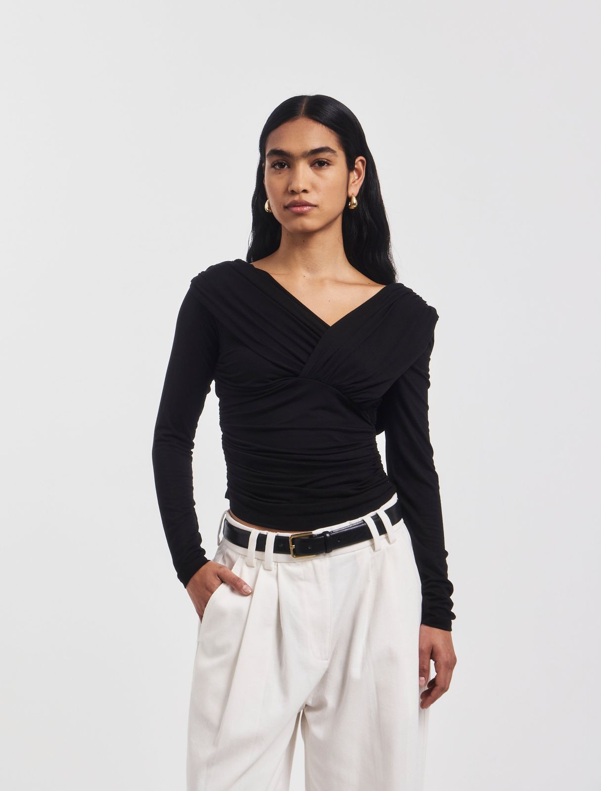 Corey Ruched Long Sleeve Top in Black