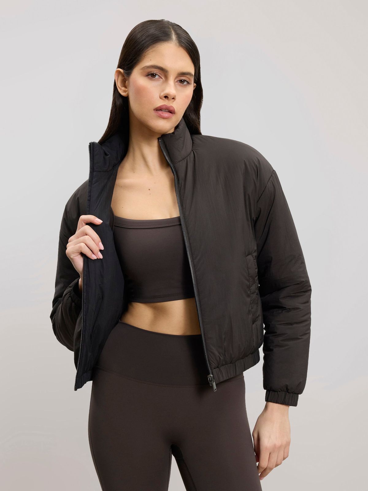 Womens Relaxed Reversible Funnel Neck Jacket in Brown And Black