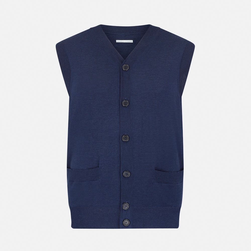 Navy Fine Merino V-Neck Sleeveless Cardigan