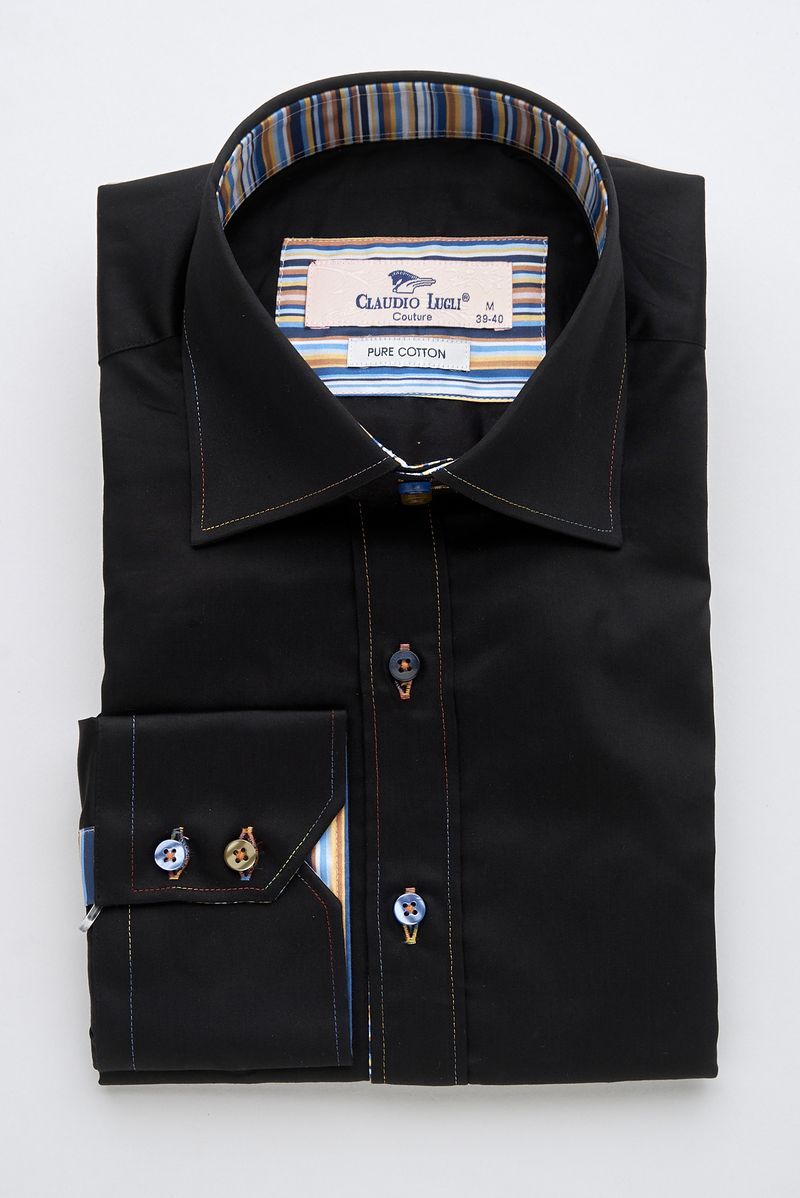 Black Shirt with Multicolour Stripe Contrast
