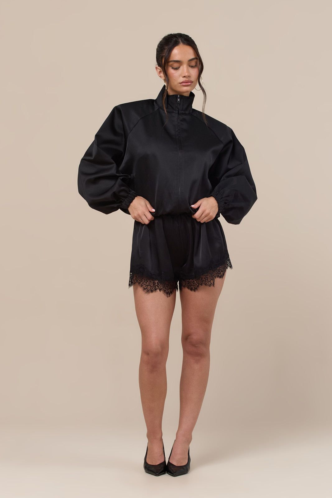 ROUX OVERSIZED SATIN BOMBER JACKET | BLACK