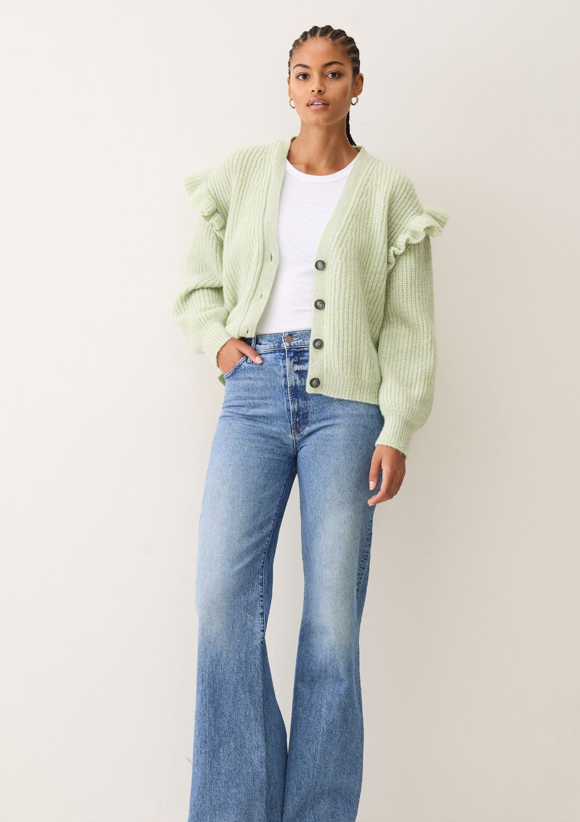Silk & Cashmere Frilled Cardigan in Tannin Green