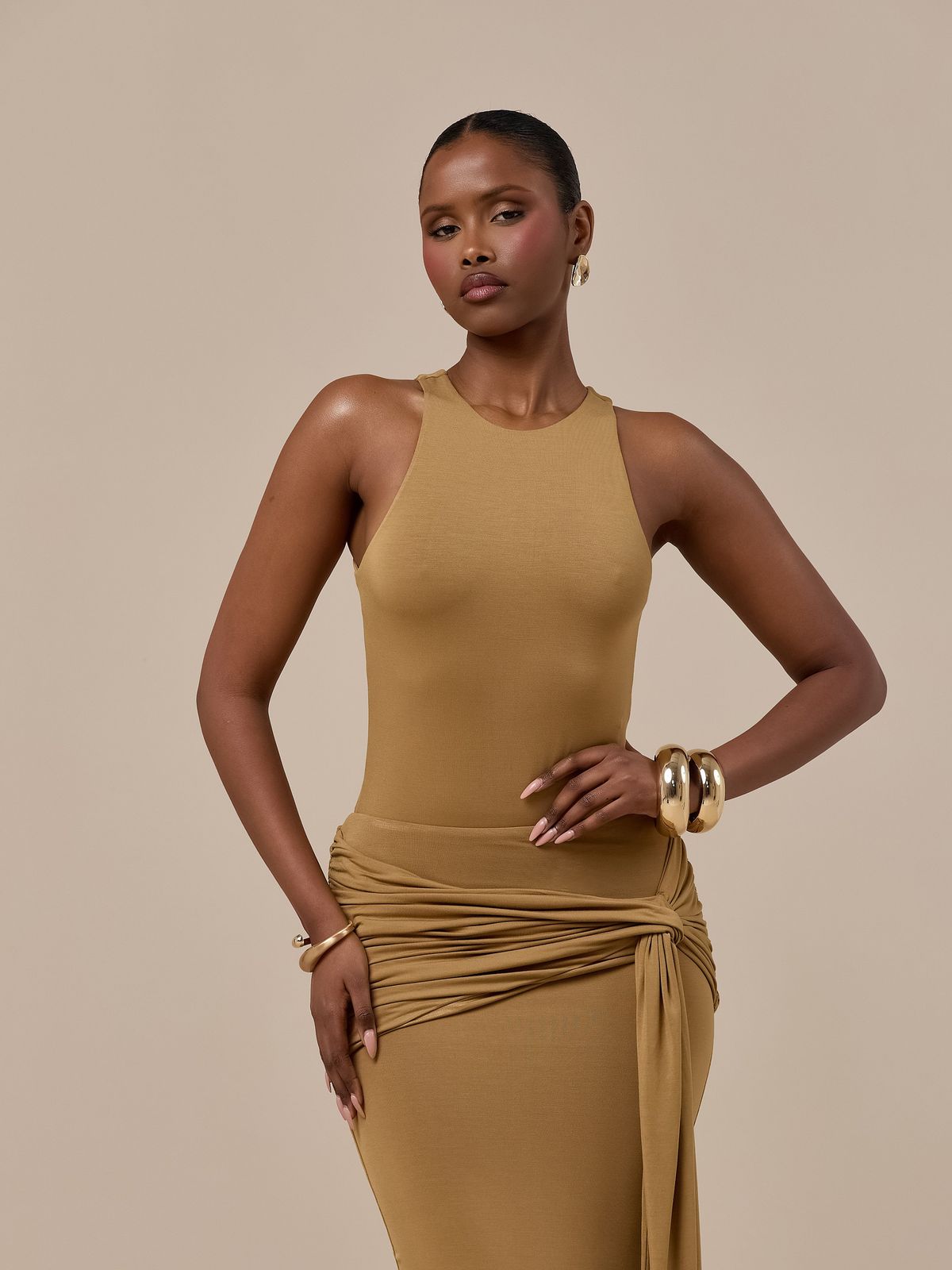BELLA CREW NECK RACER JERSEY BODYSUIT | GOLDEN BROWN