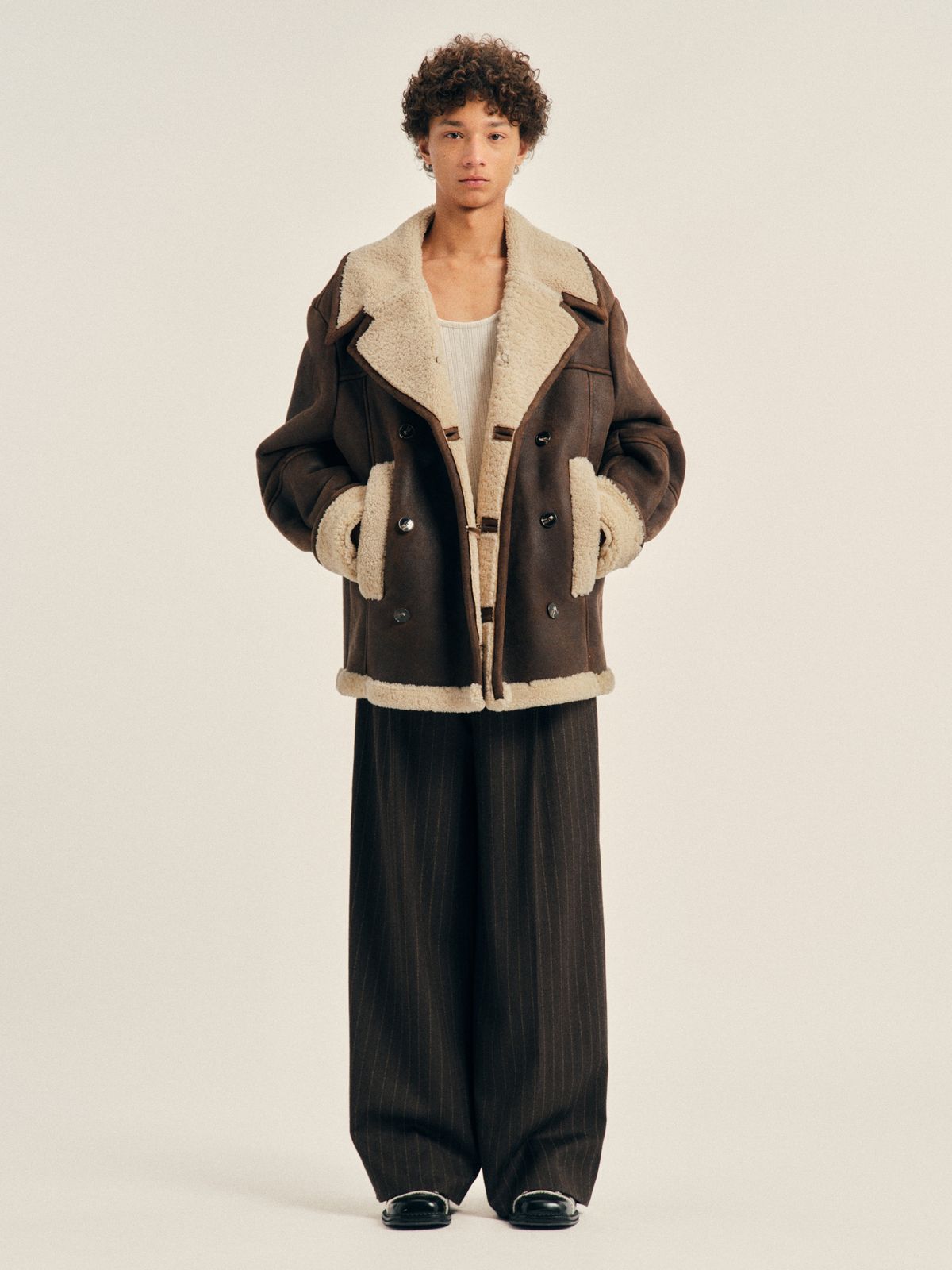 Double Breasted Shearling Aviator Jacket