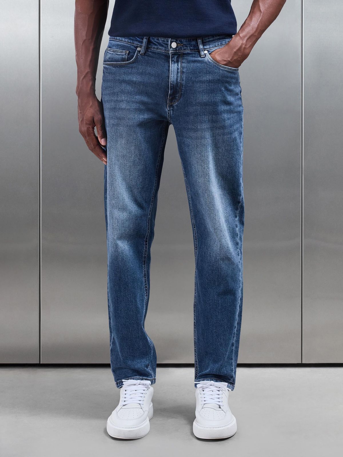 Straight Leg Denim Jeans in Mid Blue