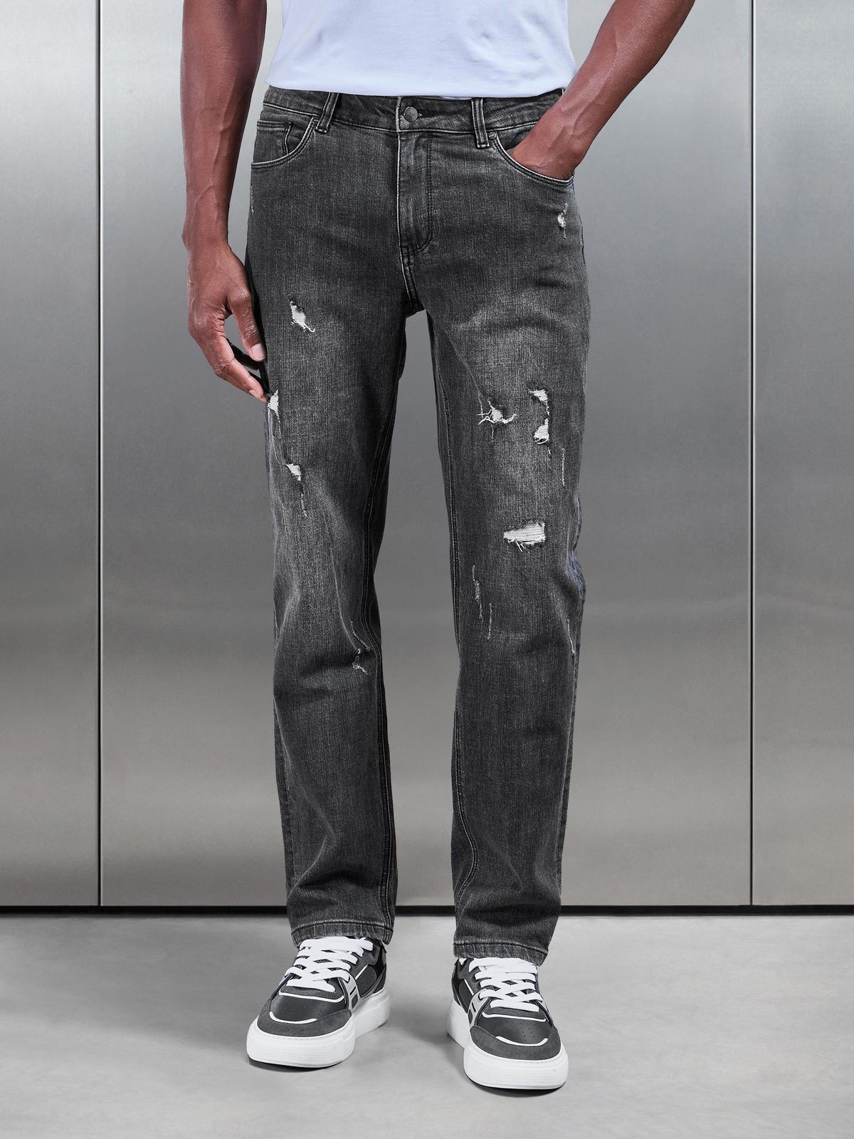 Distressed Straight Leg Denim Jeans in Grey Wash