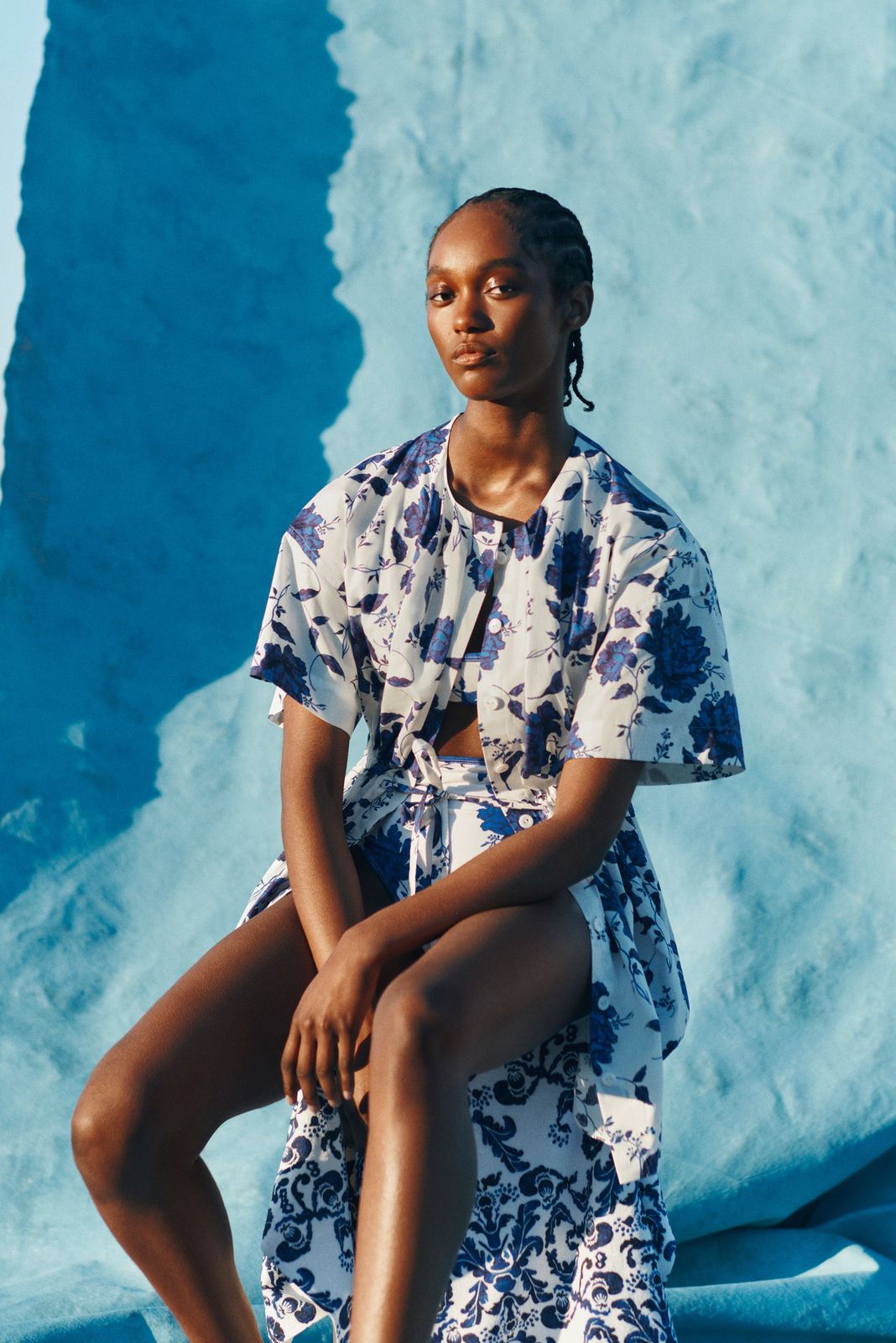 Rio Blue Rose Print Cotton Kaftan