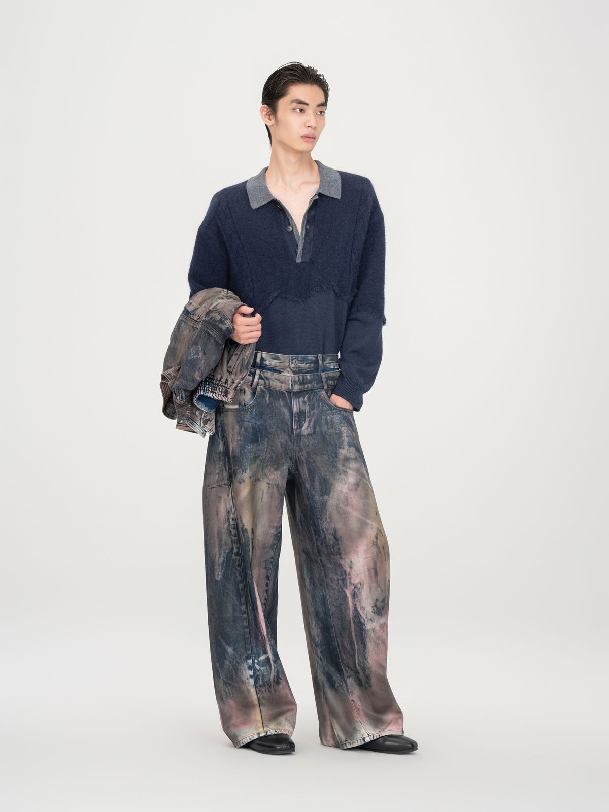 BROWN ARTISTICALLY TIE-DYED COATED DENIM PANTS