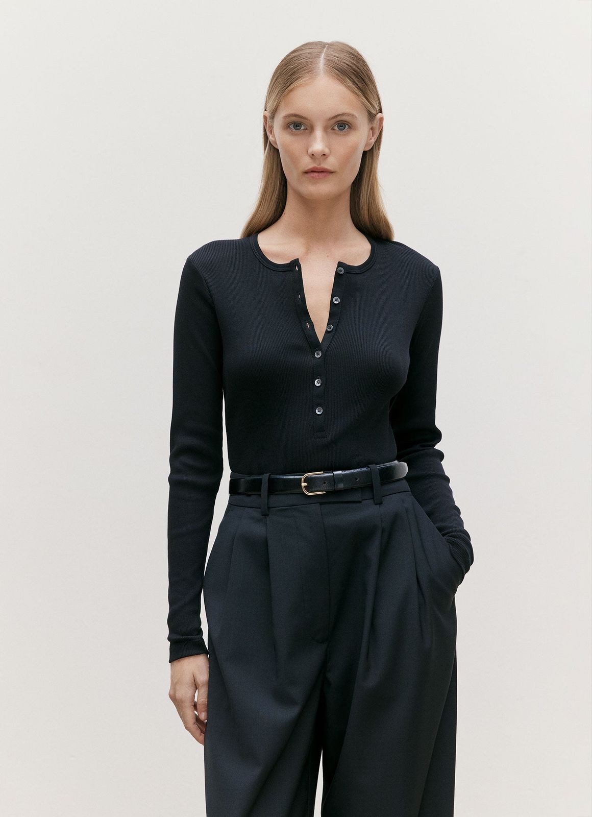 Women's Ribbed Henley in Black