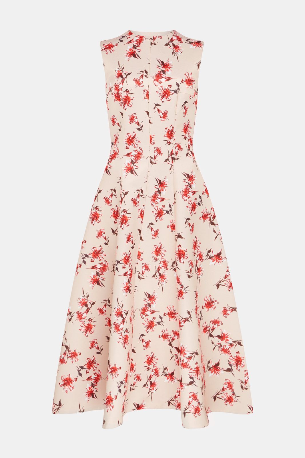 Mara Dress In Red Summer Lillies On Pink Taffeta Faille