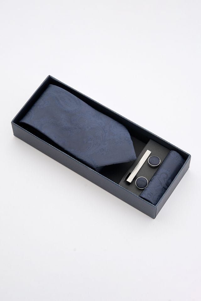 Midnight Blue Paisley Tie Set with Tie Bar & Cufflinks