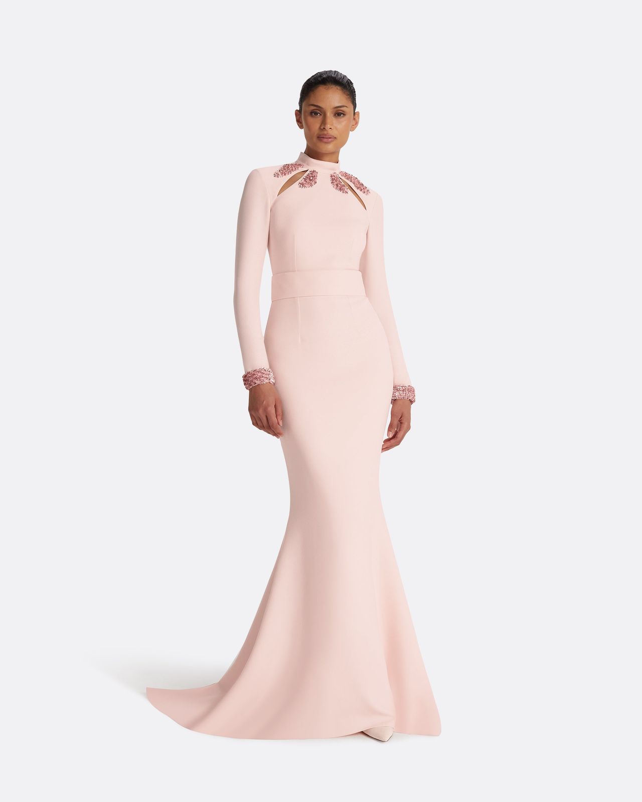 Kamala Pale Pink & Curled Leaf Embroidery Long Dress